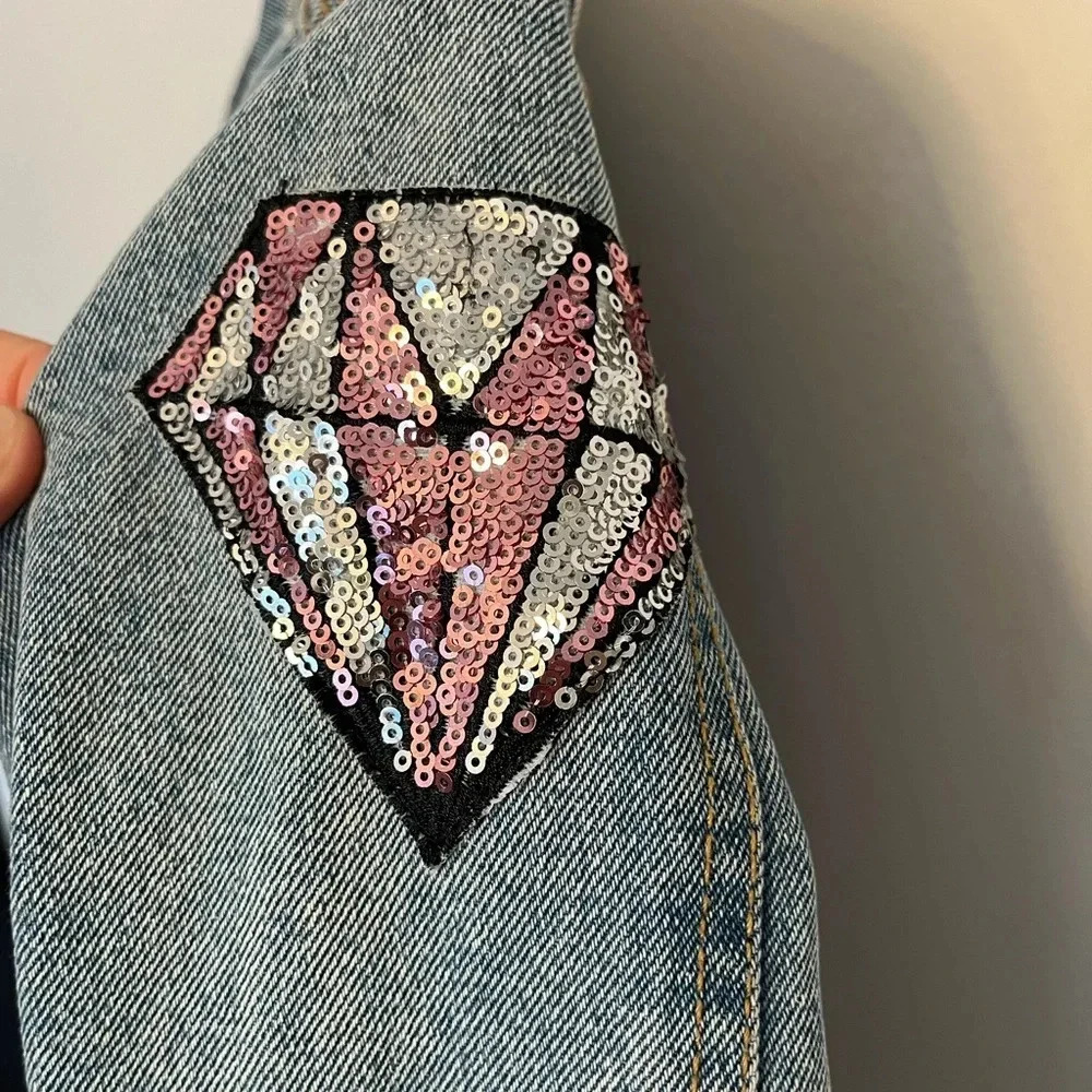 DD77 jeans jacket custom made POW💥 diamond and cat sequin patches sz small - Picture 5 of 9